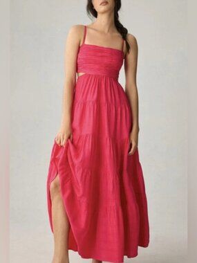 Anthropologie $190 Let Me Be Cut Out Tiered Hot‎ Pink Maxi Dress Boho Barbiecore